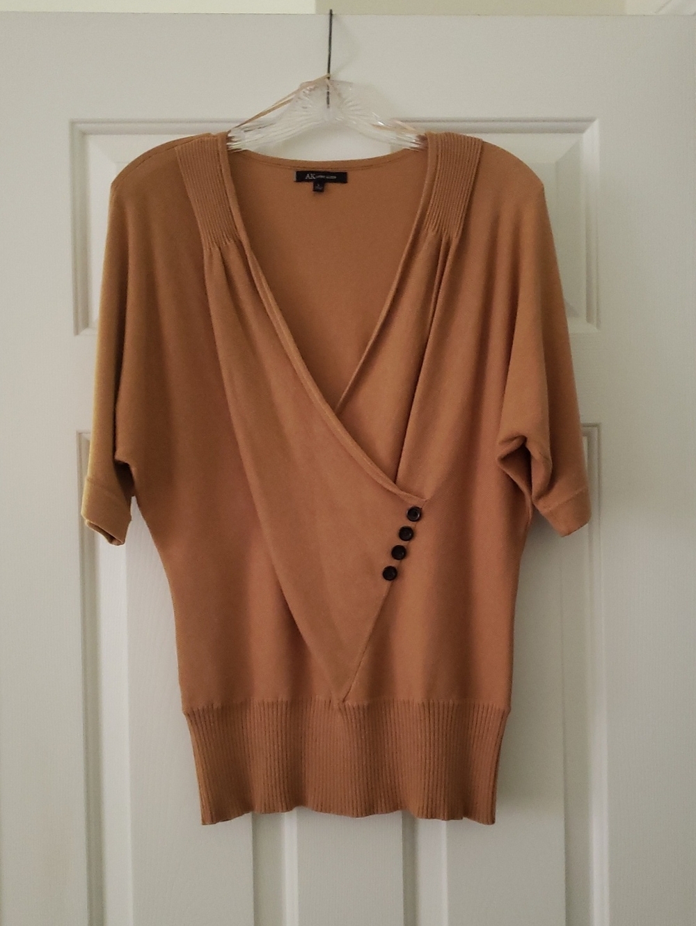 Anne Klein Camel V-Neck Sweater with Button Detail